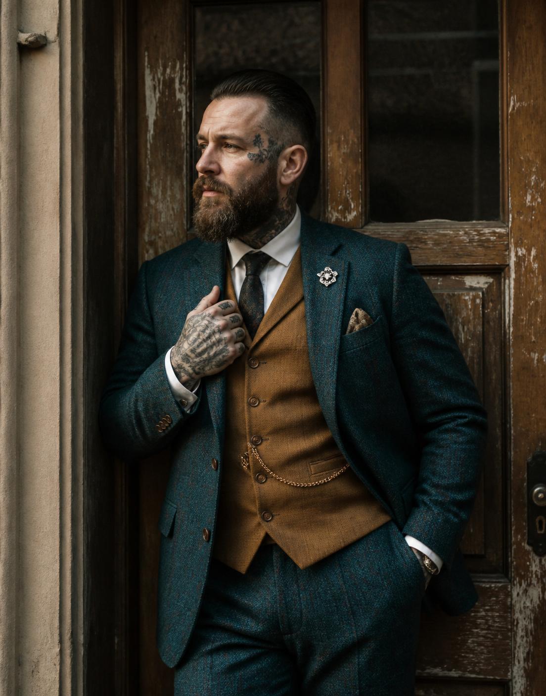 Getatoeëerde man met baard in een petrolblauw tweed driedelig pak met camel gilet, leunend tegen een verweerde houten deur