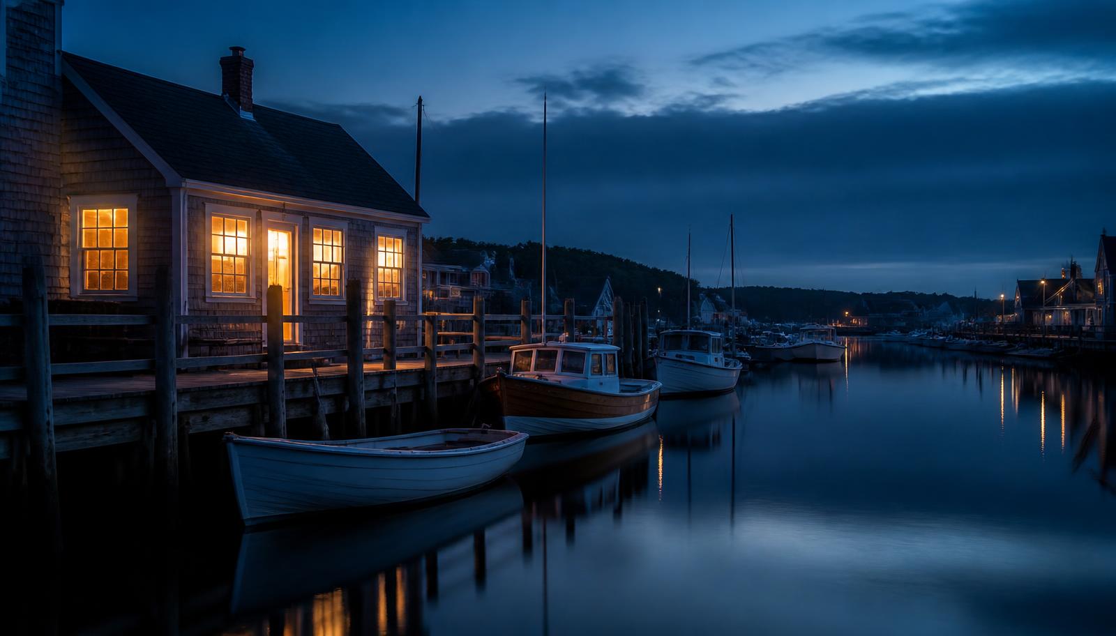 Kleine haven met houten steigers en verlichte ramen tijdens het blauwe uur