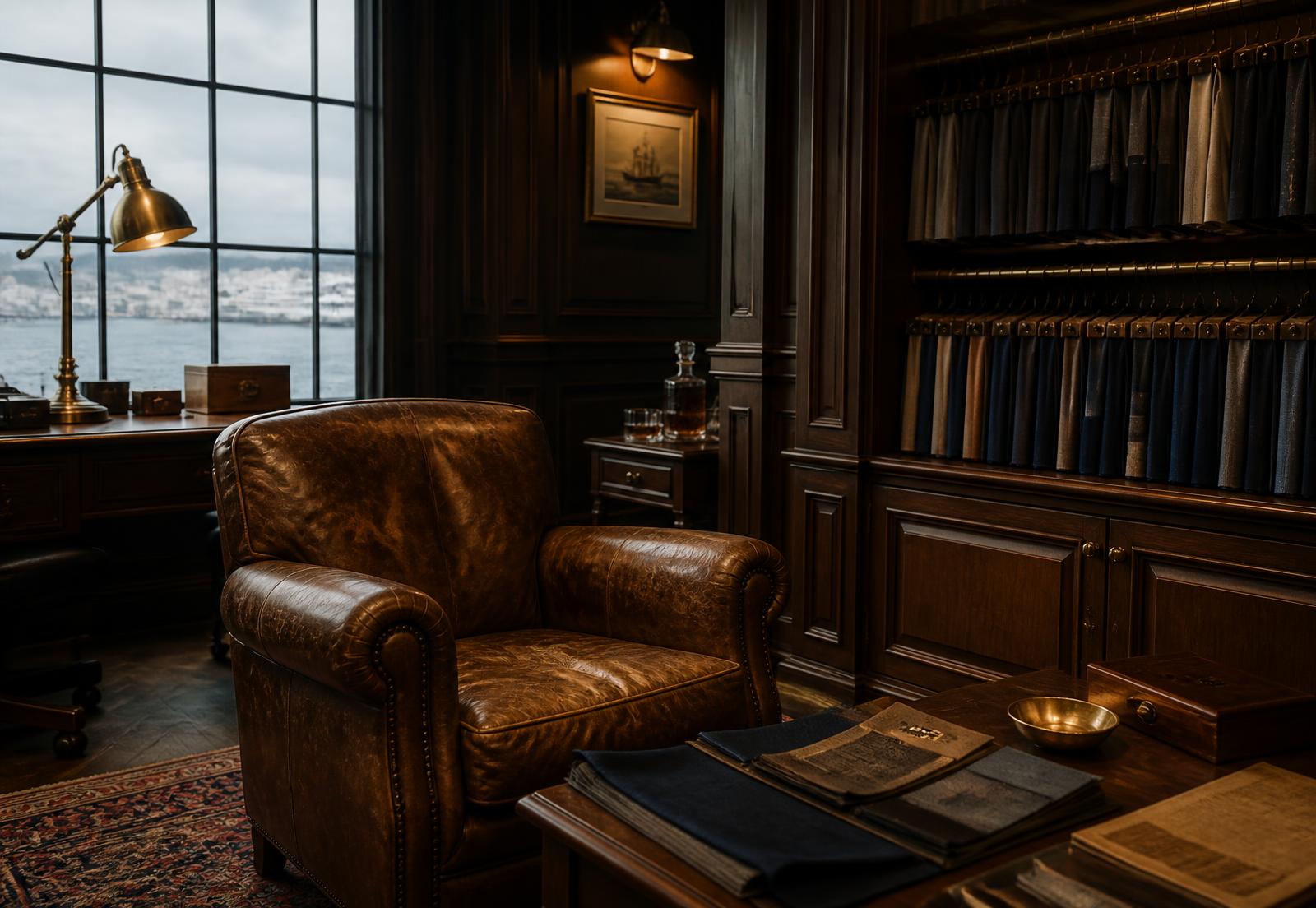 Warm ingericht privé atelier met donker hout, leren fauteuil en stofboeken, met uitzicht op het water