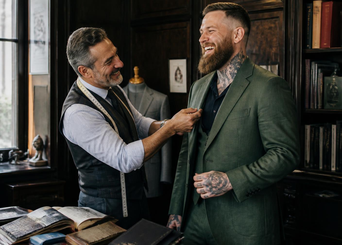 Style Artist met centimeter om de nek die lachend een reversdetail aanwijst bij een getatoeëerde klant in een groen pak