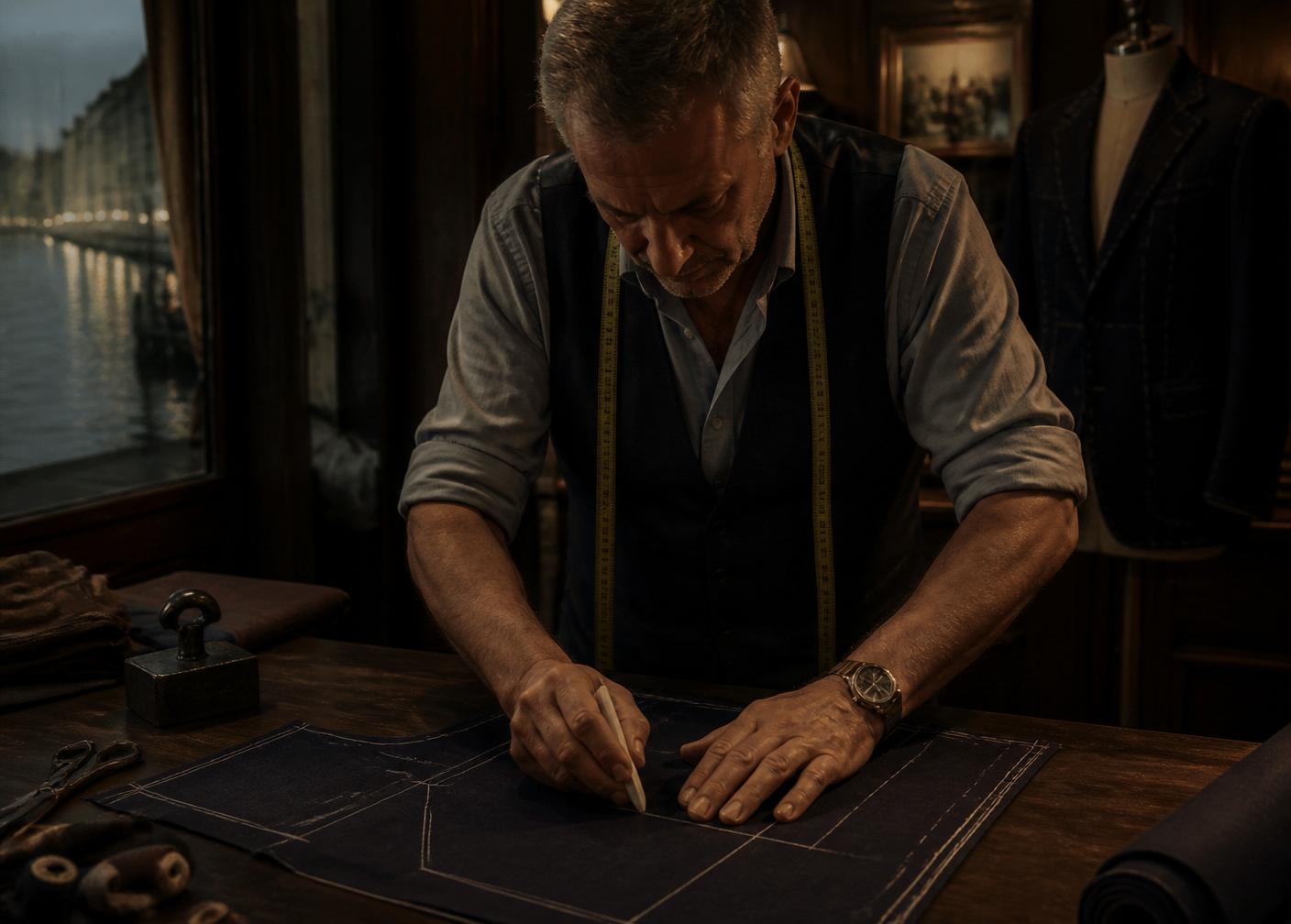 Style Artist met centimeter om zijn nek die met kleermakerskrijt een navy colbertdeel aftekent in het atelier aan het water